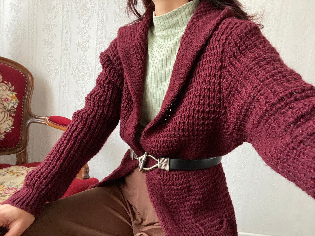 VTG Outlander Women's Mohair Retro Geo Burgundy 70s Grandpa Cardigan Sweater Medium