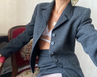 Vintage Grey Wool blend mini Skirt Suit/ XS - S
