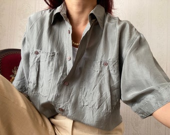 Vintage Unisex grey Silk Short Sleeve Shirt/ M - XXL