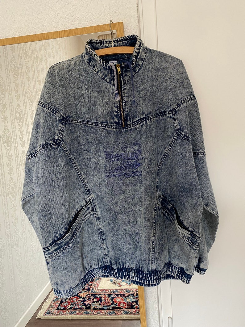 Vintage Unisex High Neck Acid Wash Oversized Denim Pullover / L 3XL Bild 9