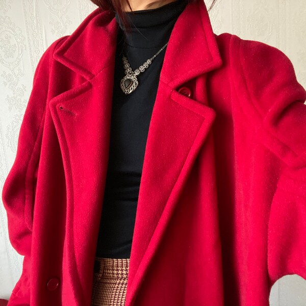 Vintage Rote Wolle Zweireiher Mantel / XL - XXL