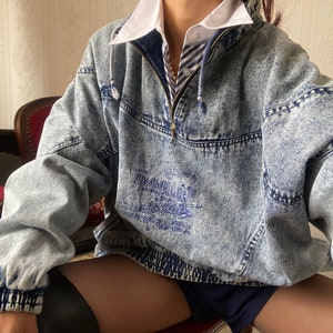 Vintage Unisex High Neck Acid Wash Oversized Denim Pullover / L 3XL Bild 1