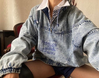 Vintage Unisex High Neck Acid Wash Oversized Denim Sweater/ L - 3XL