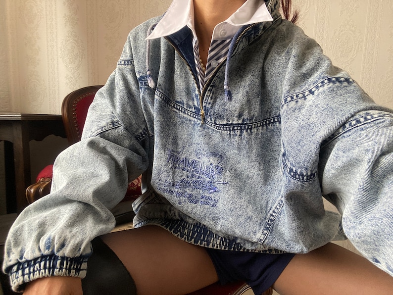 Vintage Unisex High Neck Acid Wash Oversized Denim Pullover / L 3XL Bild 1