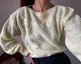 Pull col bateau fleuri crème citron vintage/Haut/L