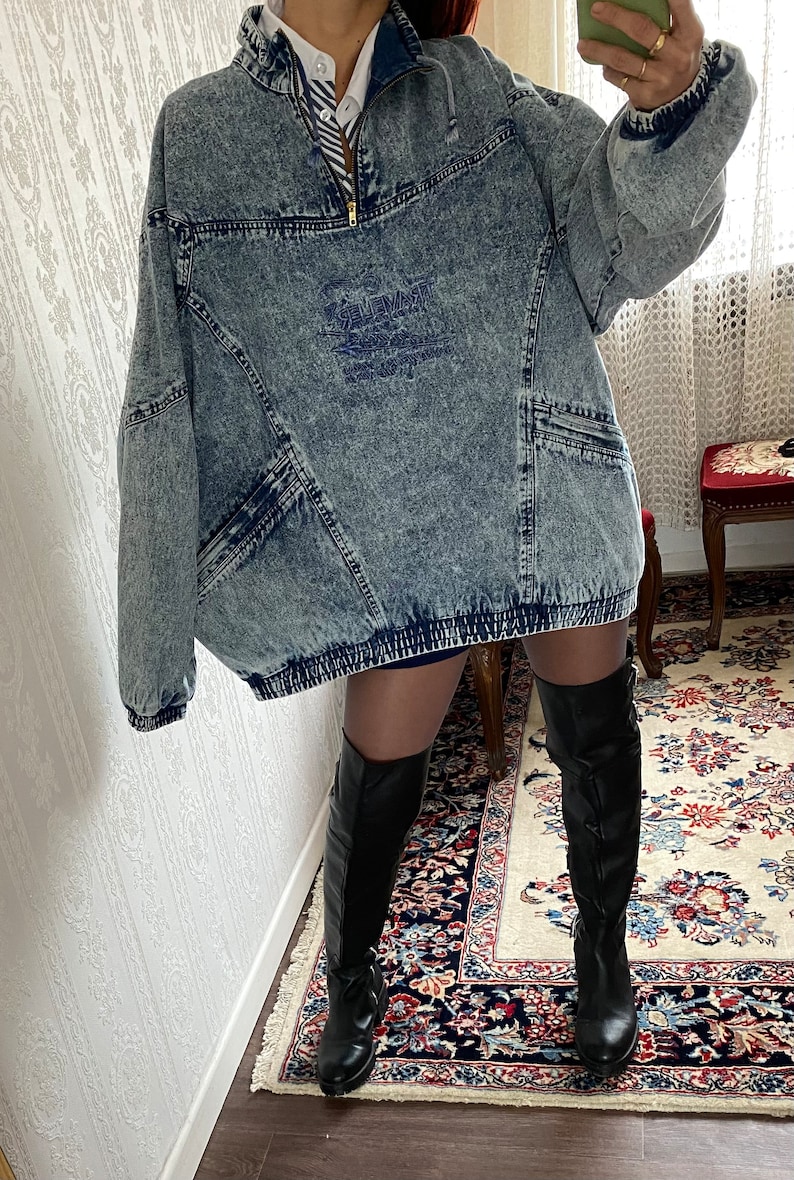 Vintage Unisex High Neck Acid Wash Oversized Denim Pullover / L 3XL Bild 3