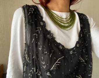 Czarny, koralikowy top bez rękawów w stylu vintage/M-L