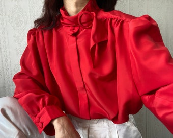 Vintage Scarlet Red High Neck Bauern Ärmel Bluse / XXL