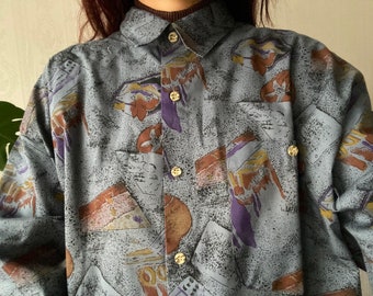 Vintage Unisex Baumwollmischung Crazy Pattern Langarmshirt / L - 3XL