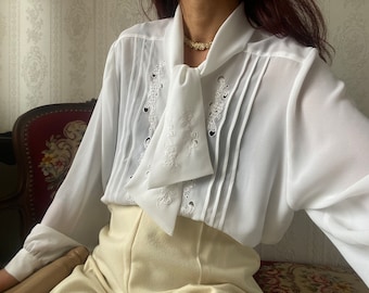 Vintage White sheer Chiffon embroidered Floral Blouse/ XL