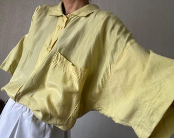 Vintage yellow Oversized Silk Cotton polo Short Sleeve T-Shirt/ L - XXL
