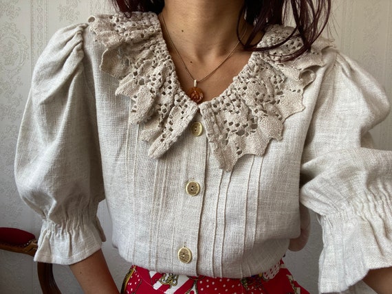 Vintage Cotton Linen blend folklore Blouse/ M - image 6