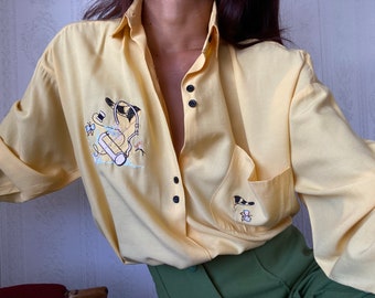 Camisa/blusa amarilla vintage bordada / Tallas XL - XXL