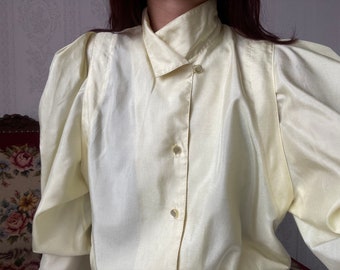 Vintage Champagner Gelb High Neck Mutton O 'Ärmel Bluse / L