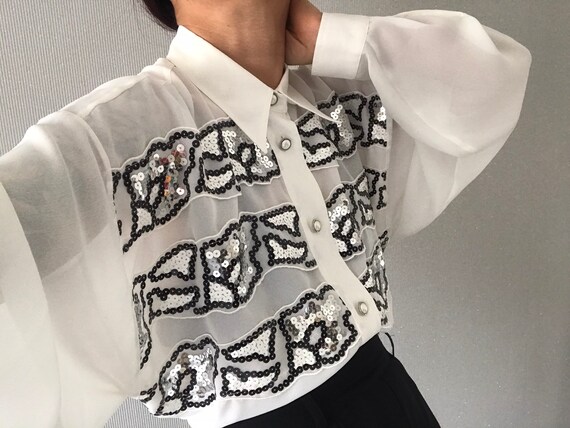 Vintage White Sheer Chiffon Sequinned Shirt/ Blous