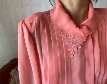 Vintage Coral Half Sleeve pleated Chiffon Blouse/ XXL - 3XL