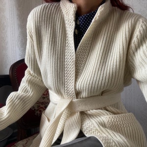 Vintage Cream Wool blend Knit Open Cardigan with belt/ M - L