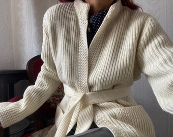 Vintage Cream Wool blend Knit Open Cardigan with belt/ M - L