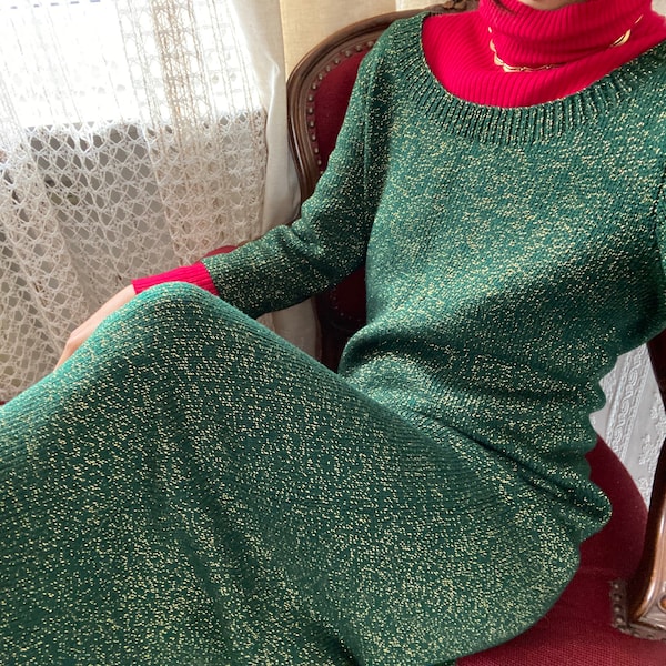 Vintage Green Gold midi Knit Dress/ L
