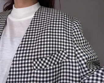 Vintage Gingham V Linen blend double breasted Blazer/ Jacket/ L - XL