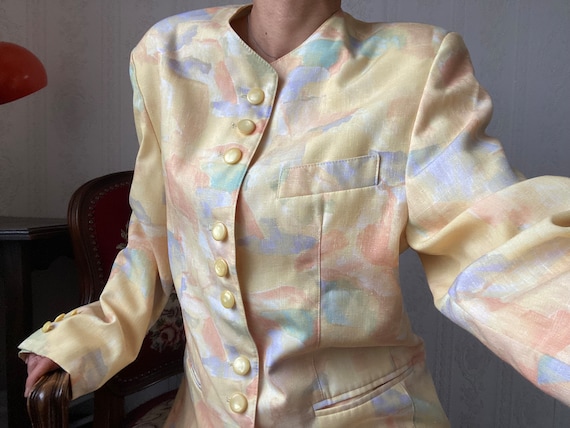 Vintage Yellow Crazy Pattern Collarless Jacket/ M - image 2