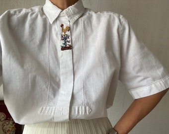 Vintage reine Baumwolle Folklore Kurzarm Shirt / M - L