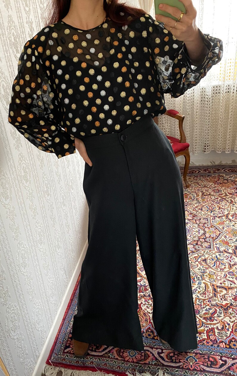 May include: A black sheer blouse with gold, white, and brown polka dots. The blouse has long sleeves and a round neckline. The model is wearing the blouse with black wide-leg pants.
