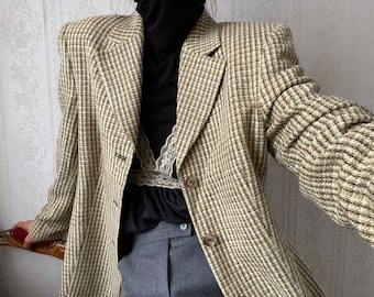 Vintage Karierter Wolle Seide Blazer Sakko M