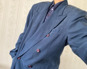 Vintage Unisex dusty Navy Blue pure Silk double breasted Blazer/ M - XL