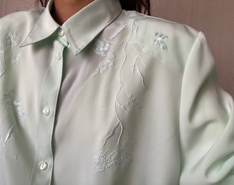 Vintage Ice Mint Green embroidered Floral Long Sleeve Blouse/ Shirt/ L - XL