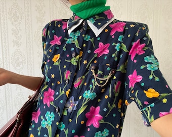 Vintage Floral pure cotton Short Sleeve Dress/ L