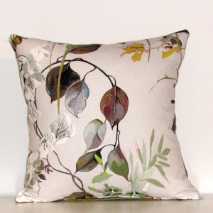 botanical print Agatha cushion cover, soft natural tones with moss velvet reverse