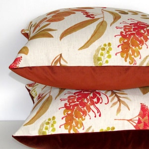 made to order Bush flowers linen/cotton cushion cover with copper velvet reverse, Australian botanical