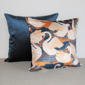 made to order swans velvet cushion cover with blue velvet reverse