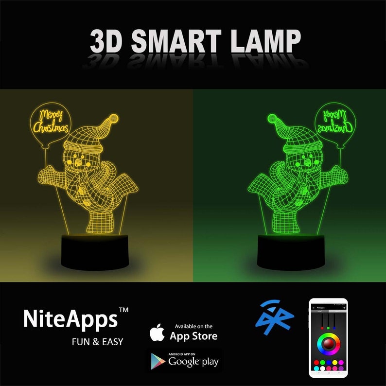 Smart 3D lamp-happy snow man-Christmas gift for kid-3D Night light-Novel gift-Bedroom decor-Table lamp-RGB 16 Million colors by app control