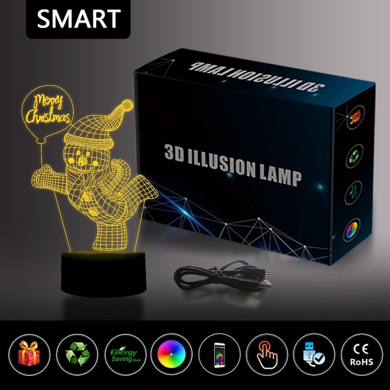 Smart 3D lamp-happy snow man-Christmas gift for kid-3D Night light-Novel gift-Bedroom decor-Table lamp-RGB 16 Million colors by app control
