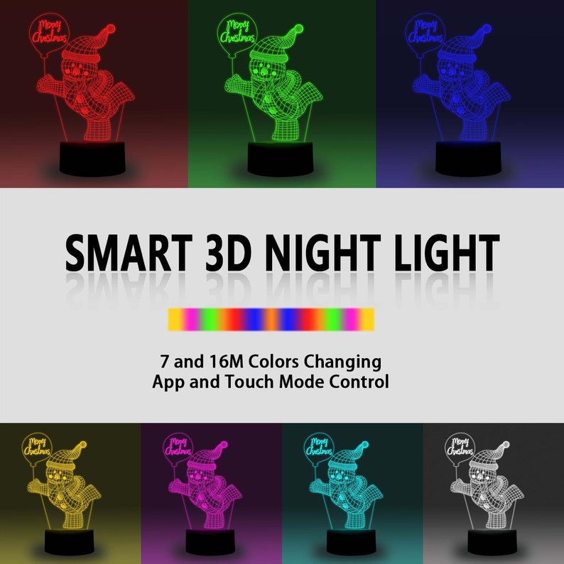 Smart 3D lamp-happy snow man-Christmas gift for kid-3D Night light-Novel gift-Bedroom decor-Table lamp-RGB 16 Million colors by app control