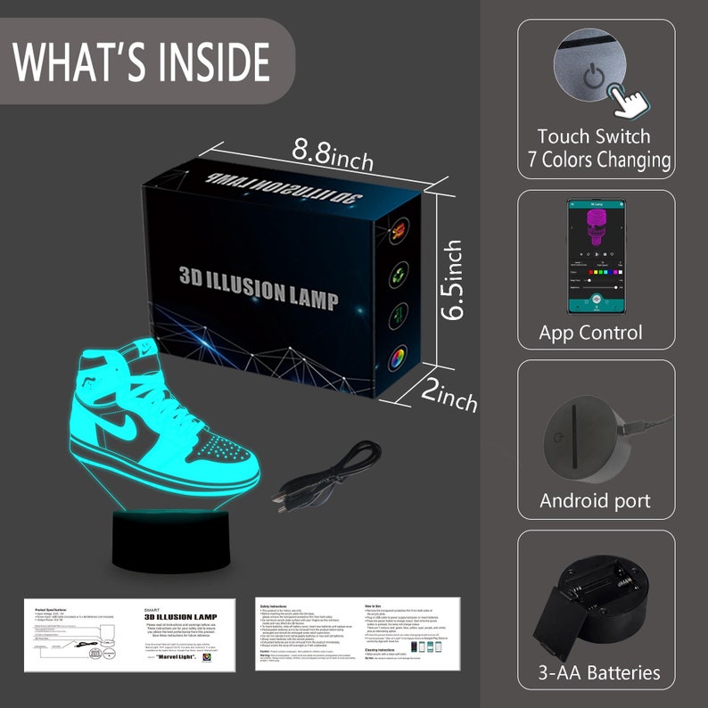 Sneakers-Smart 3D lamp-Birthday gift for boy-Music Sync Night light-Room decor-RGB 16 Million colors by app control-Novel gift