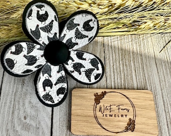 Chickens on Black & White Leather Flower Hair Claw Clip