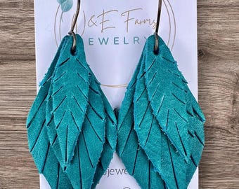 Teal Leather Layered Fringed Earrings