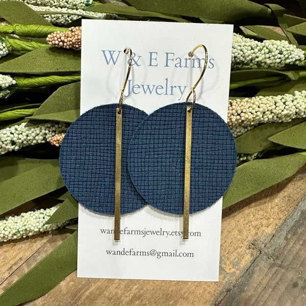 Navy Round Leather Earrings