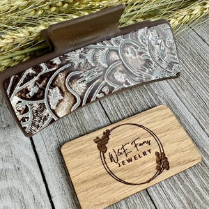 Western Tooled Brown and Gray Genuine Leather Hair Claw Clip
