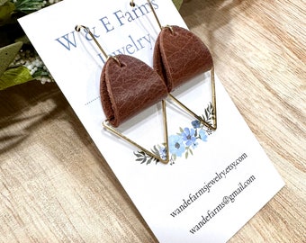 Brown Leather and Brass Triangle Earrings