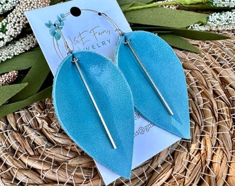 Sky Blue Genuine Leather Earrings with Silver Bar