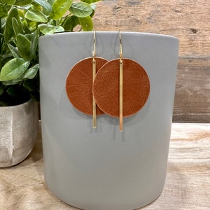 Saddle Brown Leather and Brass Earrings