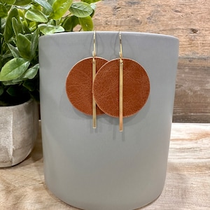 Saddle Brown Leather and Brass Earrings