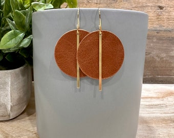 Saddle Brown Leather and Brass Earrings