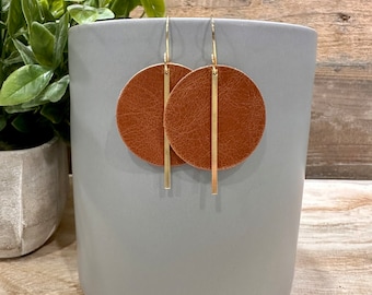 Saddle Brown Leather and Brass Earrings