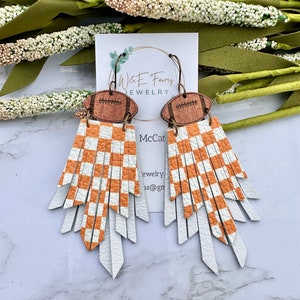 Tennessee Orange and White Checkerboard Football Leather Fringe Earrings