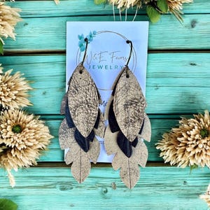 Distressed Leather Feather Earrings, Tan & Brown Stacked Leather Earrings, Boho Western Earrings, Lightweight Cowgirl Jewelry, Handmade Gift